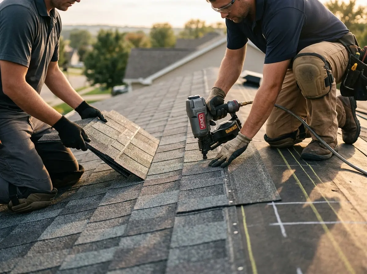 Professional roofer working on a residential roof in Reston